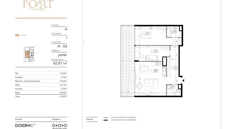Rzut - Mieszkanie na sprzedaż 3 pokoje o powierzchni 85,87 m² - numer H_4 w Warmiński Port etap V