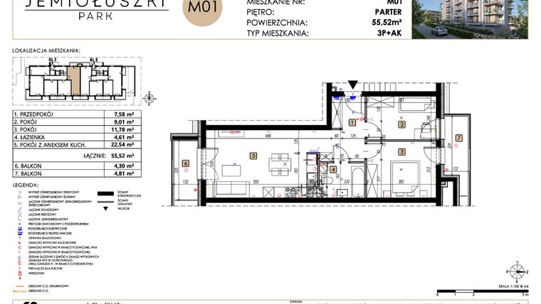 Rzut - Mieszkanie na sprzedaż 3 pokoje o powierzchni 55,52 m² - numer A2_M01 w Jemiołuszki Park etap 2