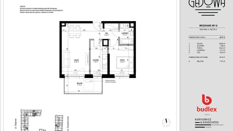 Rzut - Mieszkanie na sprzedaż 2 pokoje o powierzchni 47,17 m² - numer 16 w Gajowa bud. A