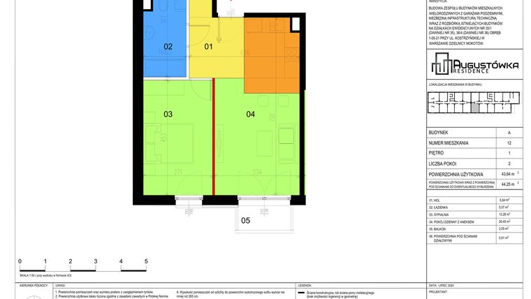 Rzut - Mieszkanie na sprzedaż 2 pokoje o powierzchni 43,64 m² - numer A12 w Augustówka Residence
