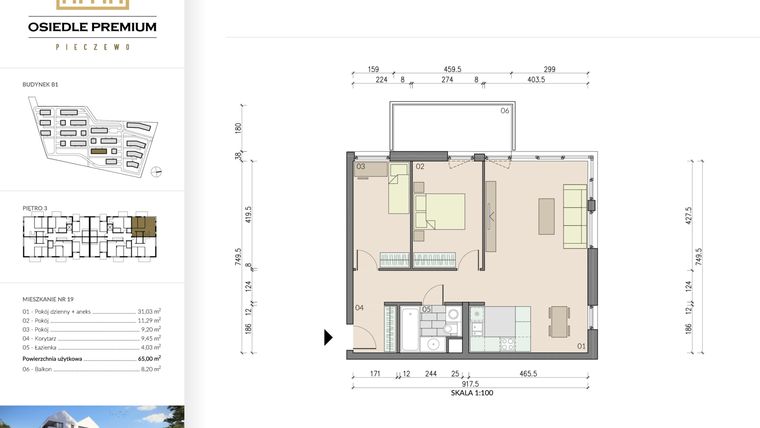 Rzut - Mieszkanie na sprzedaż 3 pokoje o powierzchni 65 m² - numer B1.19 w Osiedle Premium etap IV