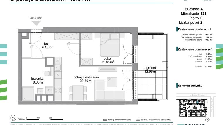 Rzut - Mieszkanie na sprzedaż 2 pokoje o powierzchni 49,67 m² - numer 132 w Osiedle Fokus Ursus