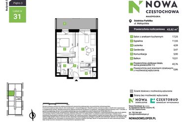 Rzut - Mieszkanie na sprzedaż 2 pokoje o powierzchni 43,62 m² - numer D31 w Nowa Częstochowa Małopolska etap II