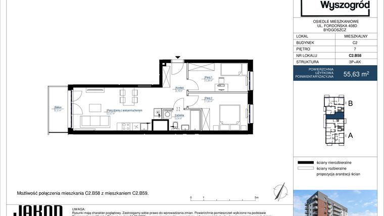 Rzut - Mieszkanie na sprzedaż 3 pokoje o powierzchni 55,63 m² - numer C2.B58 w Nowy Wyszogród etap II