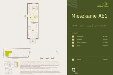 Rzut - Mieszkanie na sprzedaż 2 pokoje o powierzchni 46 m² - numer A61 w Osiedle Imbramowskie