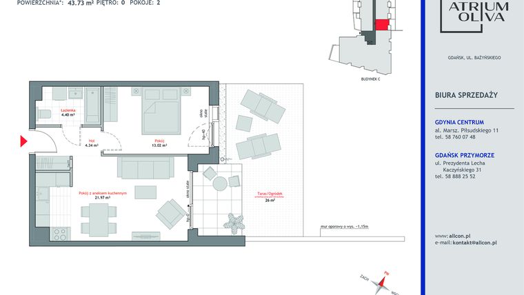 Rzut - Mieszkanie na sprzedaż 2 pokoje o powierzchni 43,73 m² - numer C.0.7 w Atrium Oliva