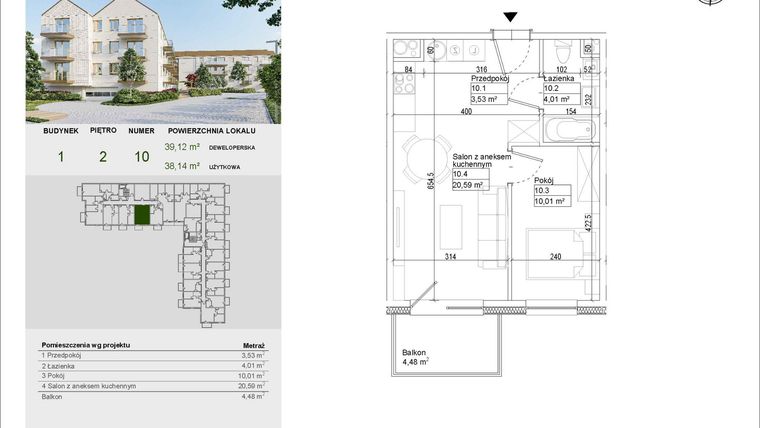Rzut - Mieszkanie na sprzedaż 2 pokoje o powierzchni 38,14 m² - numer A10 w Aleja Mickiewicza