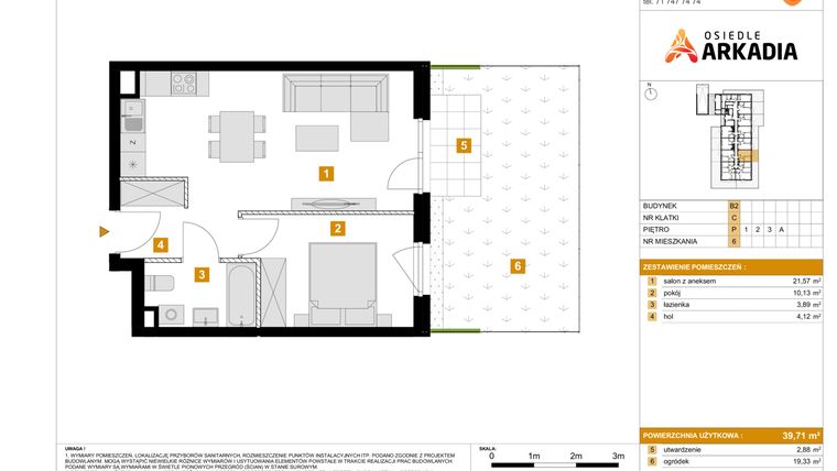 Rzut - Mieszkanie na sprzedaż 2 pokoje o powierzchni 39,71 m² - numer 6 w Osiedle Arkadia