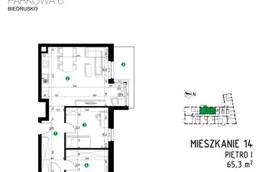 Rzut - Mieszkanie na sprzedaż 3 pokoje o powierzchni 65,3 m² - numer 6B.14 w Parkowa 6B - ETAP II