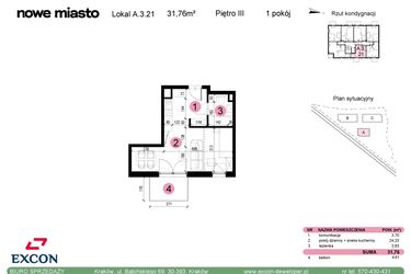 Rzut - Mieszkanie na sprzedaż 1 pokój o powierzchni 31,76 m² - numer A-3-21 w Nowe Miasto