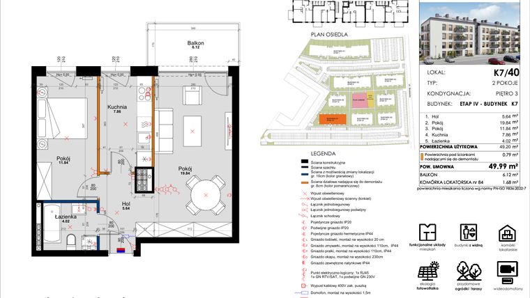 Rzut - Mieszkanie na sprzedaż 2 pokoje o powierzchni 49,99 m² - numer K7/40 w Kleszczewo Park - etap IV