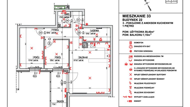 Rzut - Mieszkanie na sprzedaż 3 pokoje o powierzchni 59,4 m² - numer 33 w Osiedle 4 Pory Roku - Etap VIII