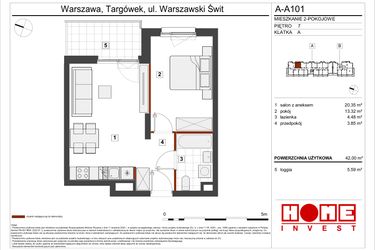 Rzut - Mieszkanie na sprzedaż 2 pokoje o powierzchni 41,95 m² - numer A-A101 w Warszawski Świt etap VII
