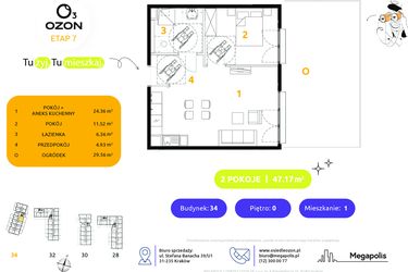 Rzut - Mieszkanie na sprzedaż 2 pokoje o powierzchni 47,17 m² - numer 34.1 w Osiedle Ozon etap VII