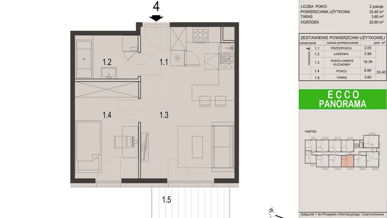 Rzut - Mieszkanie na sprzedaż 2 pokoje o powierzchni 33,4 m² - numer 4C w Ecco Panorama etap II budynki C, D