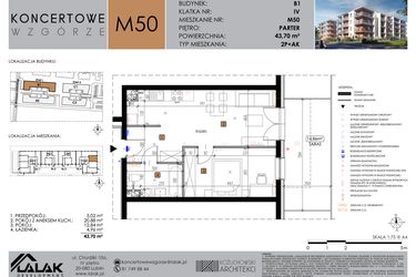 Rzut - Mieszkanie na sprzedaż 2 pokoje o powierzchni 43,7 m² - numer B1.50 w Koncertowe Wzgórze
