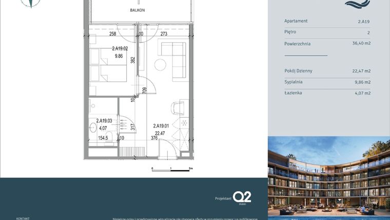 Rzut - Mieszkanie na sprzedaż 2 pokoje o powierzchni 36,4 m² - numer 2.A19 w Linea Mare - apartamenty inwestycyjne