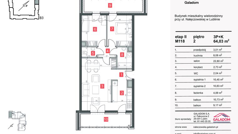 Rzut - Mieszkanie na sprzedaż 3 pokoje o powierzchni 64,03 m² - numer M-118 w Nałęczowska etap II