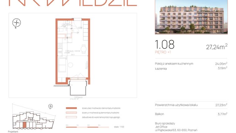 Rzut - Mieszkanie na sprzedaż 1 pokój o powierzchni 27,23 m² - numer 1.08 w Na Wildzie