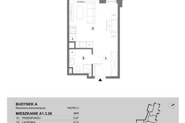 Rzut - Mieszkanie na sprzedaż 1 pokój o powierzchni 31,64 m² - numer A1.3.26 w ATAL Grabiszyn