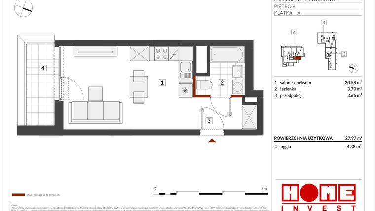 Rzut - Mieszkanie na sprzedaż 1 pokój o powierzchni 27,97 m² - numer B2-A067 w Warszawski Świt etap IX