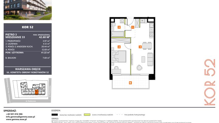 Rzut - Mieszkanie na sprzedaż 2 pokoje o powierzchni 41,22 m² - numer M33 w KOR 52