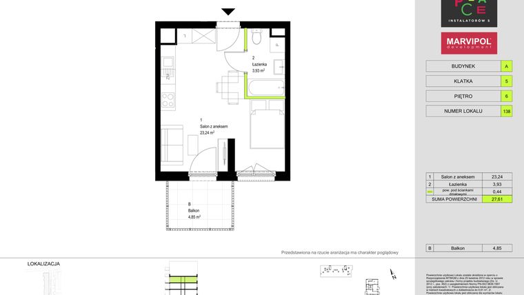 Rzut - Mieszkanie na sprzedaż 1 pokój o powierzchni 27,61 m² - numer A138 w In Place 2