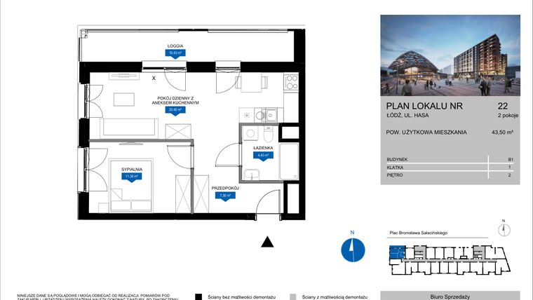 Rzut - Mieszkanie na sprzedaż 2 pokoje o powierzchni 43,5 m² - numer 22 w Flow