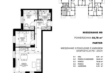 Rzut - Mieszkanie na sprzedaż 3 pokoje o powierzchni 55,78 m² - numer C2-M9 w Stacja Łódź V – etap C2