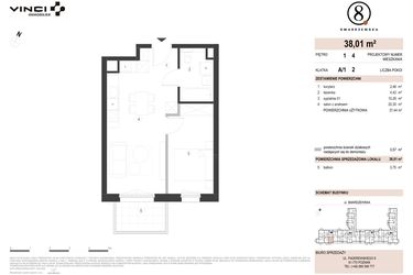 Rzut - Mieszkanie na sprzedaż 2 pokoje o powierzchni 38,01 m² - numer A/1/1.4 w Smardzewska 8