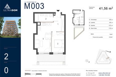 Rzut - Mieszkanie na sprzedaż 2 pokoje o powierzchni 41,56 m² - numer M003 w Ultradom