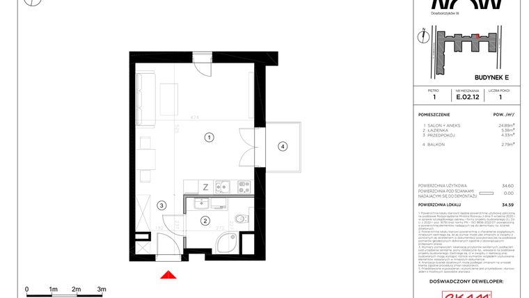 Rzut - Mieszkanie na sprzedaż 1 pokój o powierzchni 34,59 m² - numer E.02.12 w NOW