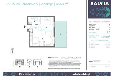 Rzut - Mieszkanie na sprzedaż 2 pokoje o powierzchni 45,6 m² - numer A.05 w Osiedle Salvia