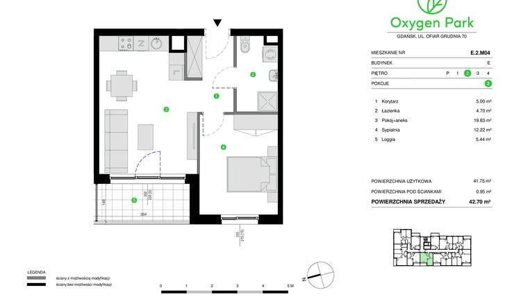 Rzut - Mieszkanie na sprzedaż 2 pokoje o powierzchni 42,7 m² - numer E.2.M04 w Oxygen Park etap III