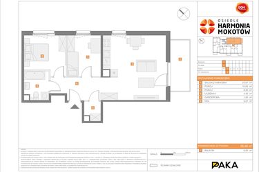 Rzut - Mieszkanie na sprzedaż 3 pokoje o powierzchni 58,46 m² - numer I.2 w Osiedle Harmonia Mokotów etap 3