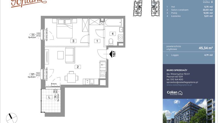 Rzut - Mieszkanie na sprzedaż 2 pokoje o powierzchni 45,34 m² - numer F167 w Goplana budynek F