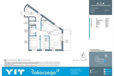 Rzut - Mieszkanie na sprzedaż 3 pokoje o powierzchni 64,97 m² - numer A.3.4 w Rakoczego 17