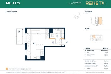 Rzut - Mieszkanie na sprzedaż 1 pokój o powierzchni 27,21 m² - numer M25 w Reneta