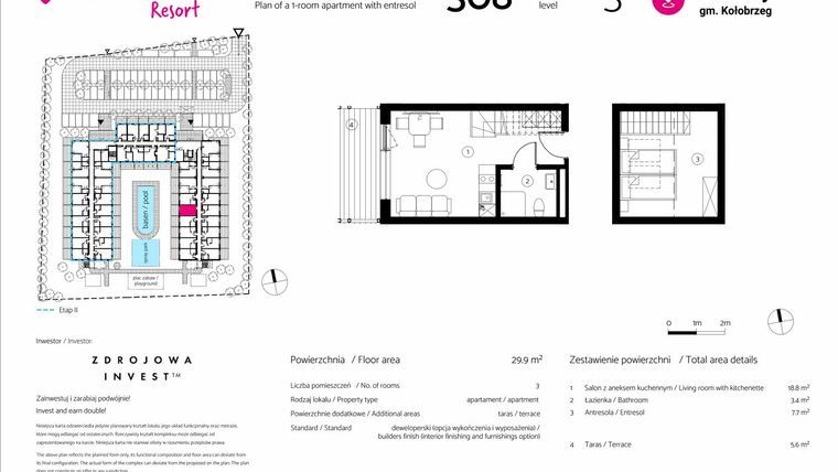 Rzut - Mieszkanie na sprzedaż 1 pokój o powierzchni 29,9 m² - numer 308 w VacationClub Resort
