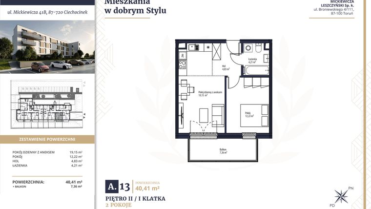 Rzut - Mieszkanie na sprzedaż 2 pokoje o powierzchni 40,41 m² - numer A13 w Mickiewicza