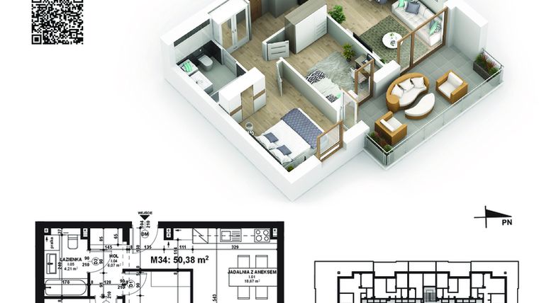 Rzut - Mieszkanie na sprzedaż 3 pokoje o powierzchni 50,38 m² - numer 34 w Piano Park etap V