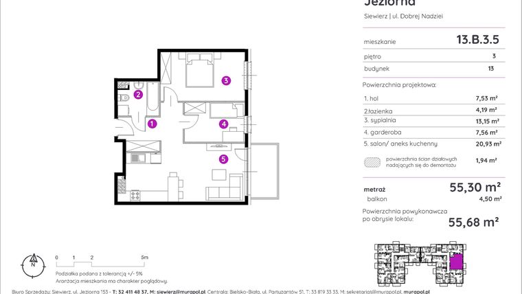 Rzut - Mieszkanie na sprzedaż 2 pokoje o powierzchni 55,68 m² - numer 13.B.3.5 w Murapol Siewierz Jeziorna