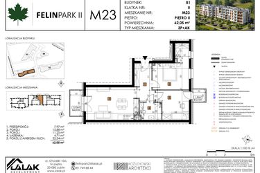 Rzut - Mieszkanie na sprzedaż 3 pokoje o powierzchni 62,14 m² - numer M23 w Felin Park II