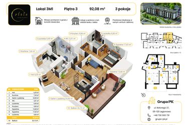 Rzut - Mieszkanie na sprzedaż 3 pokoje o powierzchni 92,08 m² - numer 3M01 w Złota Jabłonna