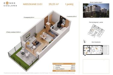 Rzut - Mieszkanie na sprzedaż 1 pokój o powierzchni 29,23 m² - numer D.0.1 w Rondo Ceglana etap II