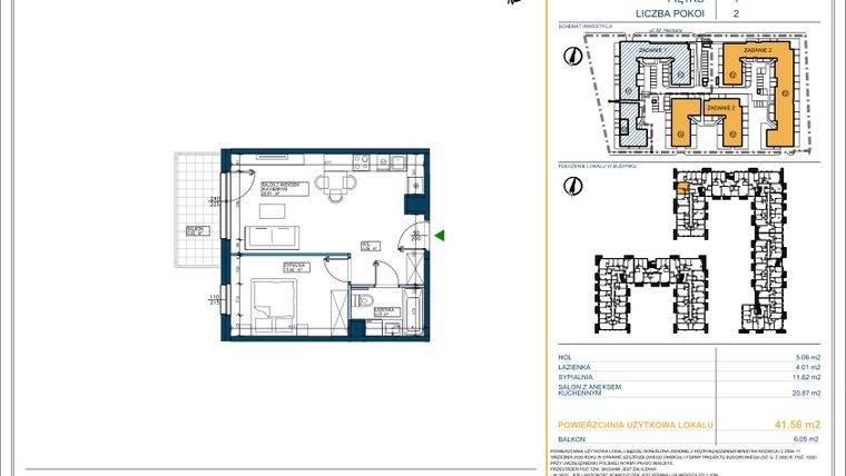 Rzut - Mieszkanie na sprzedaż 2 pokoje o powierzchni 41,56 m² - numer 149 w Osiedle Hemara - etap III bud. 2 i 3