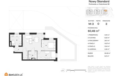Rzut - Mieszkanie na sprzedaż 3 pokoje o powierzchni 60,49 m² - numer M3.3 w Nowy Standard