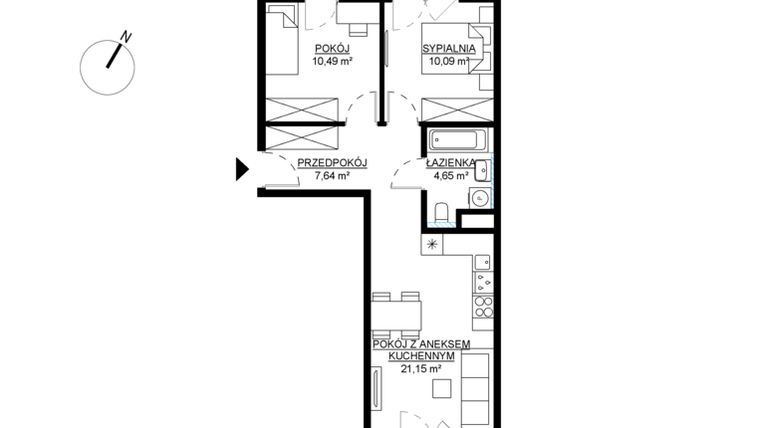 Rzut - Mieszkanie na sprzedaż 3 pokoje o powierzchni 54,02 m² - numer M47 w KWADRAT etap 2