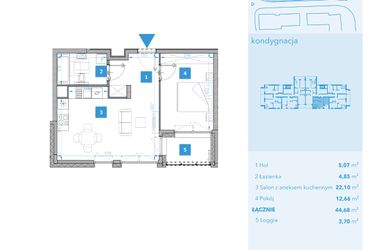 Rzut - Mieszkanie na sprzedaż 2 pokoje o powierzchni 44,68 m² - numer 20 w Apartamenty Macadamia