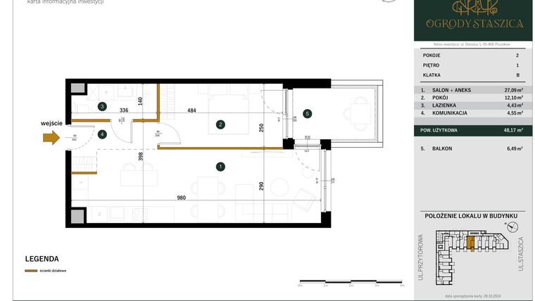 Rzut - Mieszkanie na sprzedaż 2 pokoje o powierzchni 48,17 m² - numer B.49 w Ogrody Staszica